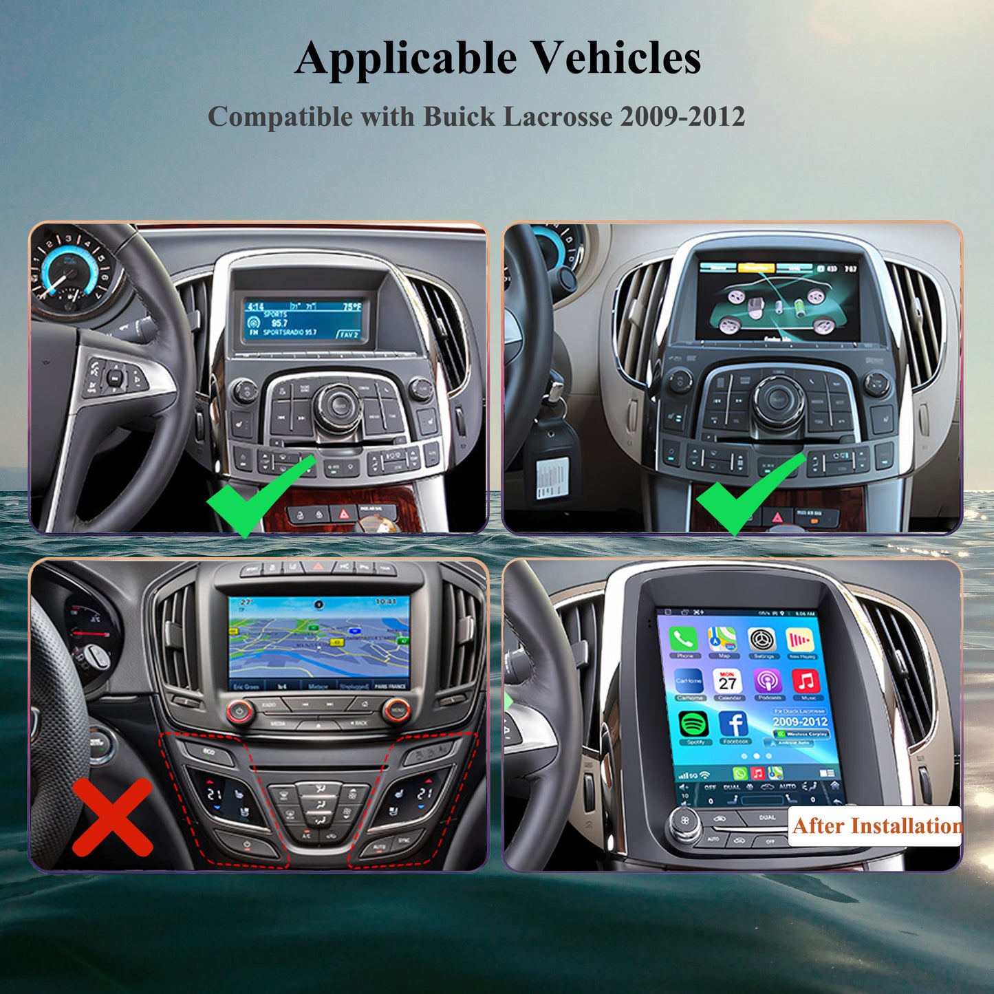 9.7" Android 15 Car Stereo Compatible with Buick Lacrosse 2009 2010 2011 2012 Auto AC, Wireless CarPlay/Android Auto, 4G+64G, GPS, BT, Supprt Steering Wheel Control & Backup Camera